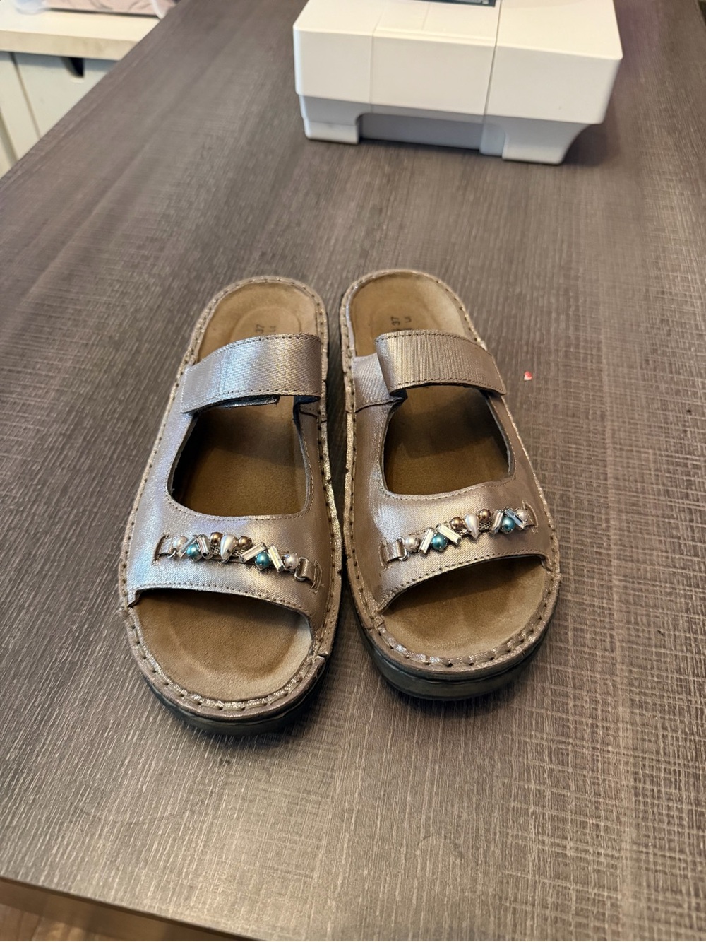 Naot Metallic Taupe Slide Sandals with Gem Embellishments